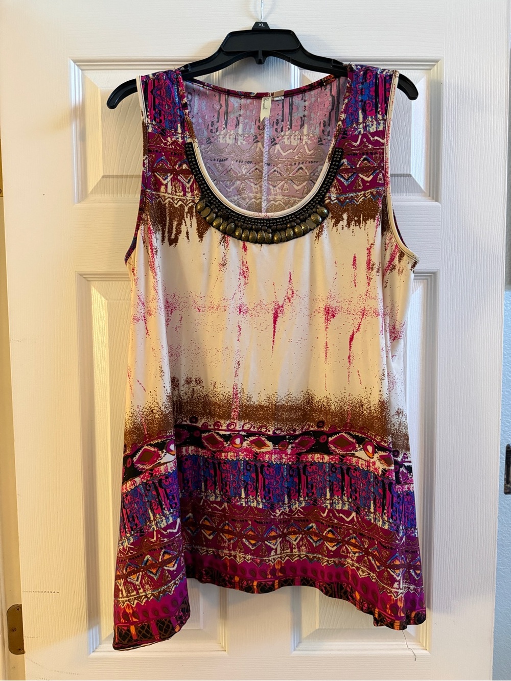 Chenault Boho Beaded Tunic Top 1X Sleeveless Colorful Print Made in USA - Picture 2 of 10